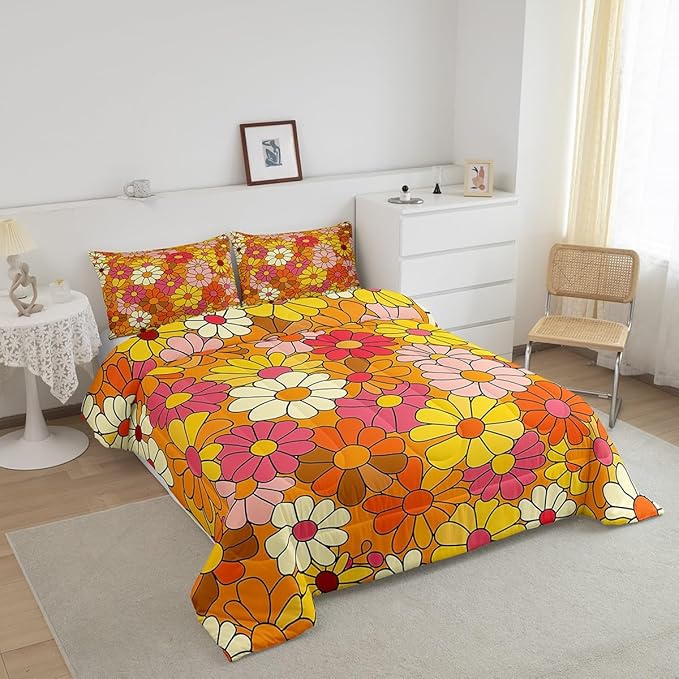 Castle Fairy Bohemian Flowers Comforter Set Full Size,70s Floral Bedding Comforters for Girls Teens,Hippie Retro Groovy Botanical Down Comforter with 2 Pillowcases,Chic