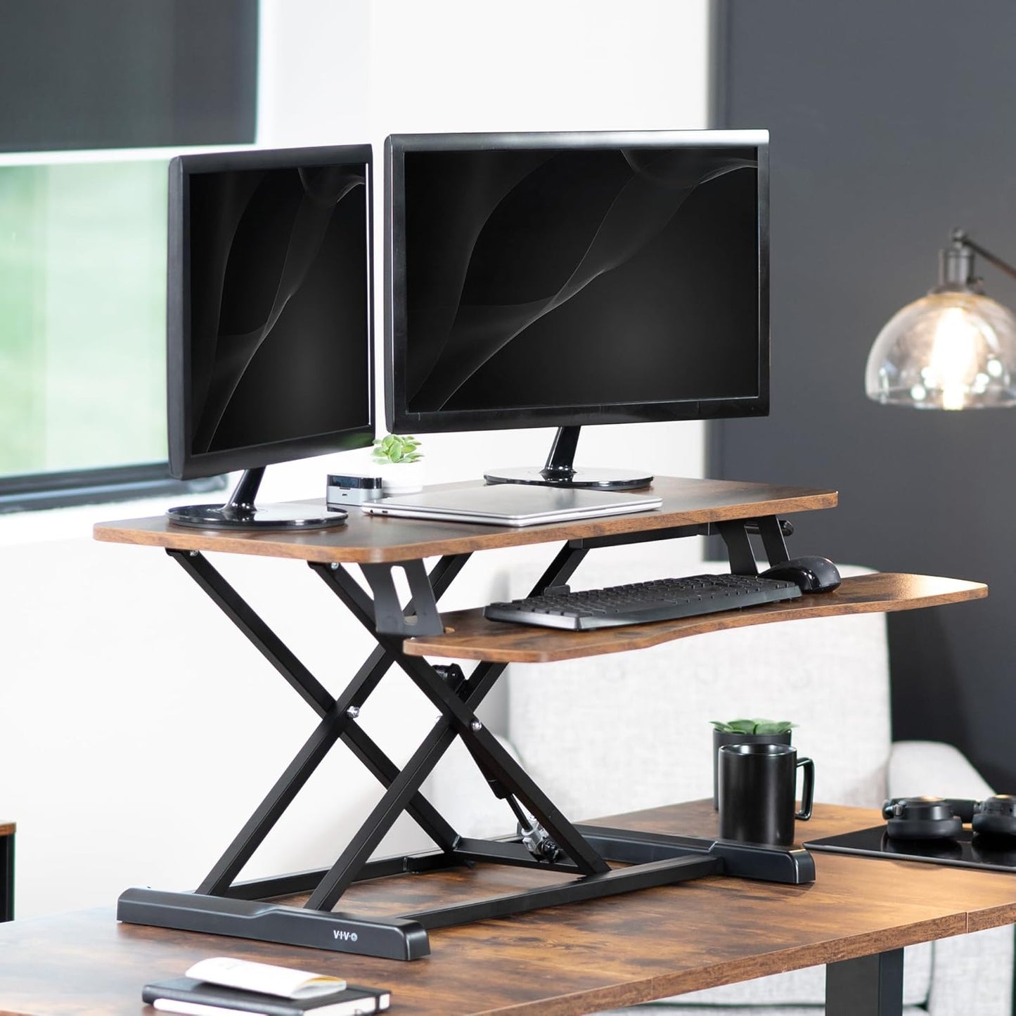 VIVO Height Adjustable Desk Converter - 36 Inch Sit to Stand Riser for Dual Monitors | Rustic Brown Top, Black Frame