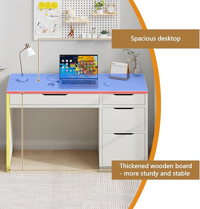 52 Inch White Desk with Drawers, Small Desk with Storage for Kids, Study Worksation with Filing Cabinet and 4 Drawers for Bedroom