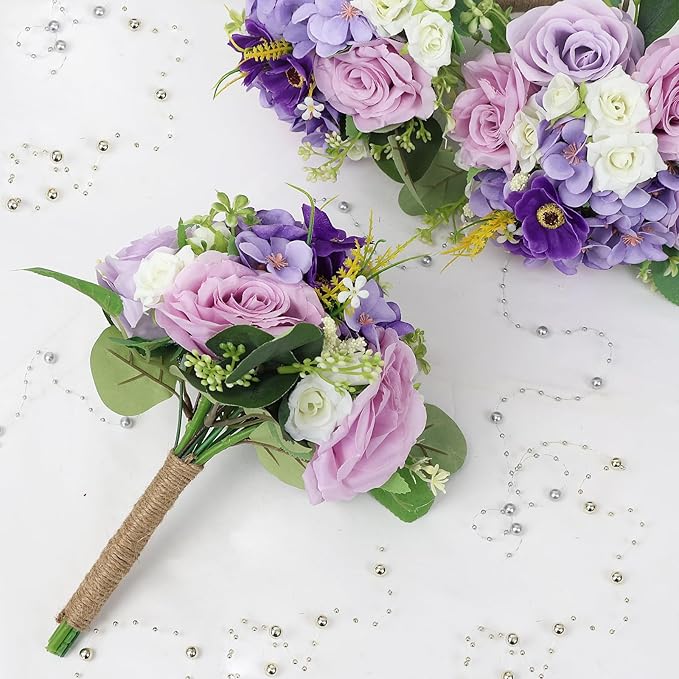 Set of 4 Bridesmaid Bouquets for Wedding - 7 Inch Artificial Flowers Bouquets for Ceremony Anniversary Centerpieces Decorations - Lilac & White