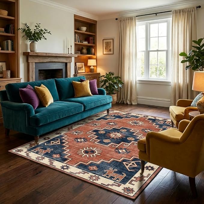 5x7 Area Rug Vintage Tribal Persian Rug with Non Slip Backing, Washable Low Pile Terracotta Red Navy Blue Carpet for Bedroom, Living Room, Dining Room, Home Office, Farmhouse