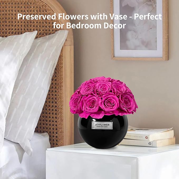JoyFlower Preserved Flowers in Vase for Home Decor, Eternal Flower Real Roses with Glass Vase for Wedding House Bedroom Dining Living Room Office Table Centerpiece Decoration, Housewarming Party Decor
