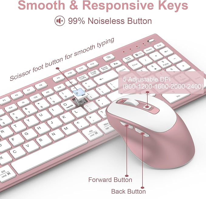 FENIFOX Wireless Keyboard and Mouse, Rechargeable USB C Combo Silent Quiet Compact Full Size Flat with Number Pad Soft Cover for Mac MacBook iMac Windows PC Laptop Computer Office - Pink & Rose Gold