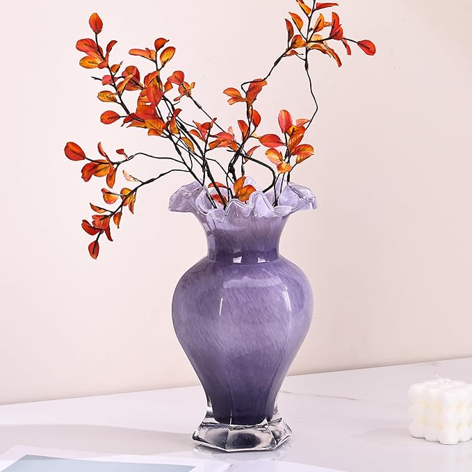 9.5" Tall Purple Glass Vase Beautiful Hand Blown Glass Decor Flowers Vases for Centerpieces, Modern Murano Glass Art Purple Vase, for Home Decor Table Entryway Wedding Decoration