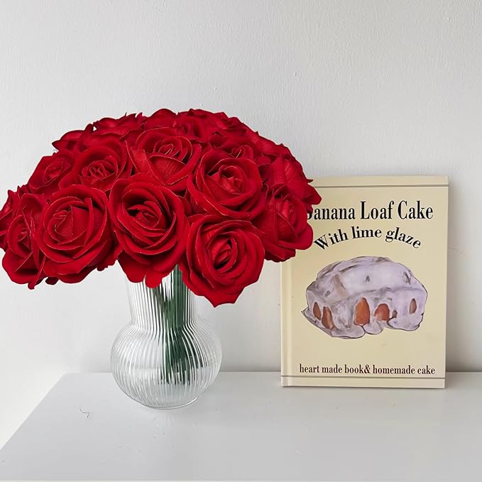 FagusHome 30 Pcs Silk Rose Artificial Flowers Roses Bulk Bouquet Fake Flowers Rose Heads with Stems for Home Wedding Decor (Red)