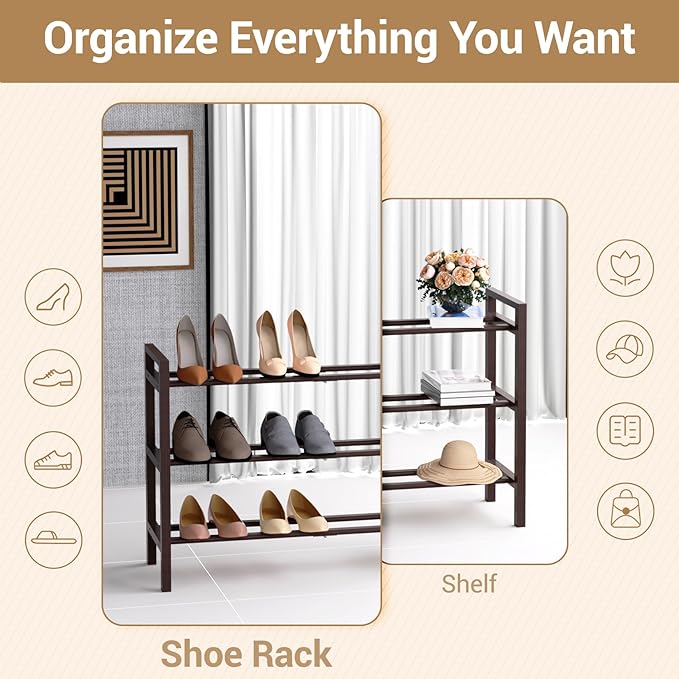 Haddockway Bamboo Shoe Rack for Closet, Free Standing Shoe Organizer with Smooth Round Rods & Convenient Handles, Stackable Shoe Storage Shelf for Entryway, Hallway(Brown, 3-Tier)