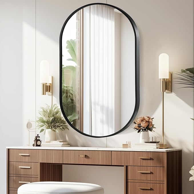 Black Oval Mirror, 24"x36" Oval Bathroom Mirror, Vanity Mirror with Brushed Metal Frame, Wall Mount Mirrors Decor for Bathroom, Bedroom, Entryway, Living Room(Hangs Horizontally or Vertically)