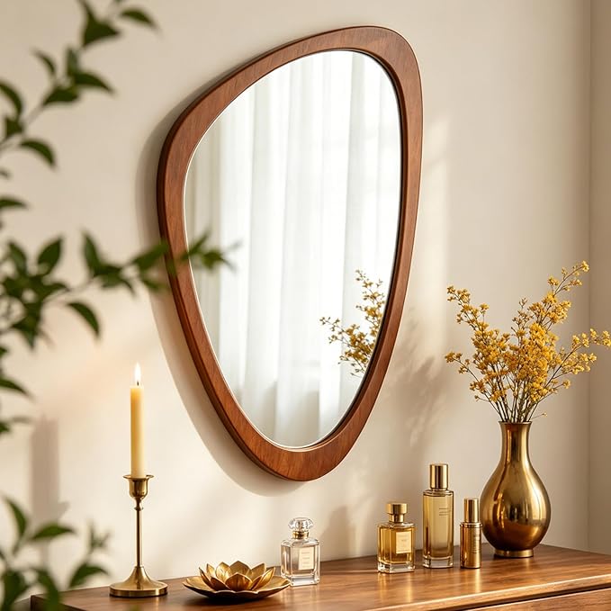 Ferytange Asymmetrical Wall Mirror Wood Frame, 36" H×28" W Modern Irregular Decorative Mirror, Unique Wall Art for Living Room Bedroom Entryway, Mid Century Modern Home Decor