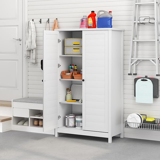 Furinno Robin Storage Cabinet, 4-Tier Pantry Cabinet with Adjustable Shelves, 35W with Louvered Doors, Kitchen Cabinet, Organization and Storage, for Pantry, Living Room, Home Office, White