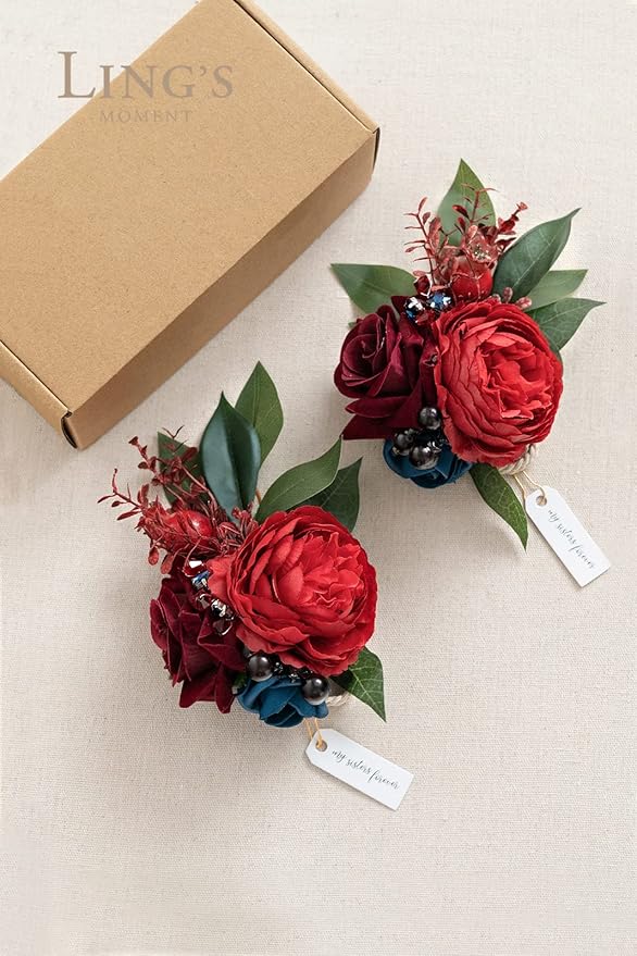 Ling's moment 2pcs Prom Wrist Corsage Artificial Flowers, Girl/Mother Corsages Wristlet Décor for Homecoming/Wedding/Anniversary, etc. Burgundy Navy