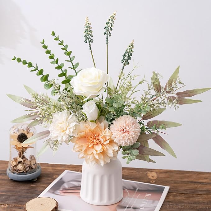 Fake Flowers in Vase, Artificial Flowers with Vase, 15.7'' Floral Arrangements for Dining Table Centerpiece Decor, Silk Roses & Faux Dahlia Bouquet for Farmfouse Kitchen Coffee Table Decor (Champagne)