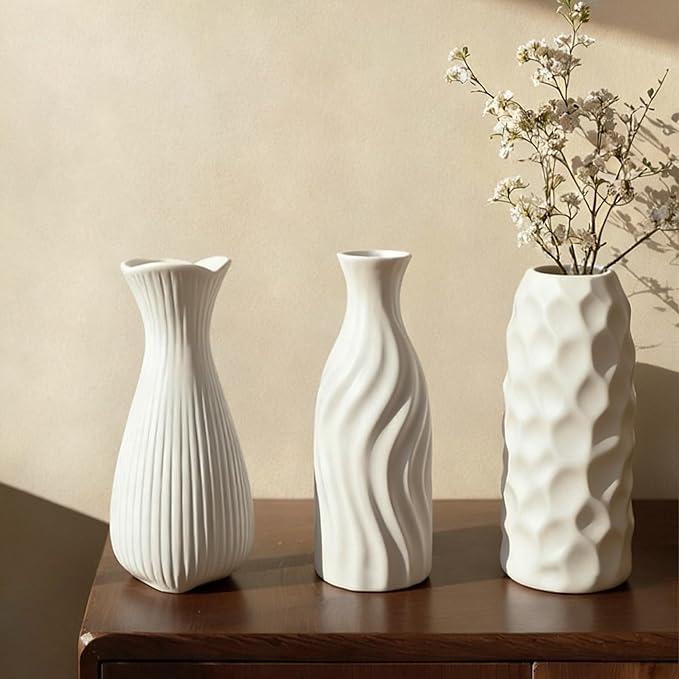 White Ceramic Vase Set Home Decor – Farmhouse & Boho Decorative Vase Set for Kitchen, Living Room, Bedroom, Office, Bookshelf Decor, Bathroom, Centerpiece Table Decor