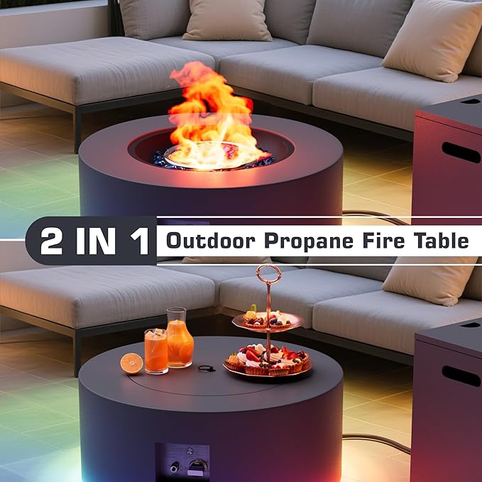2-Piece 30" LED Round Propane Fire Pit for Outside Patio with Hidden Tank Table, 50,000 BTU Fireplaces with Lid, Glass Rocks, Cover(Dark Grey w/RGB Light)