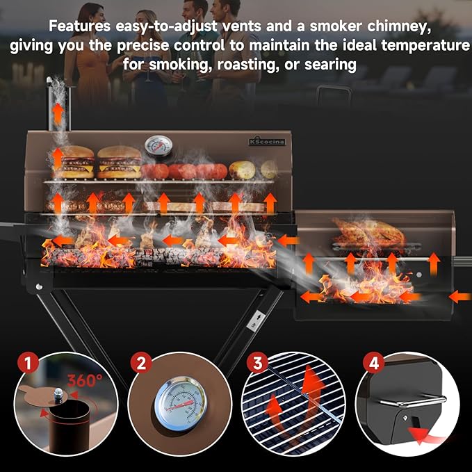 kscocinaBBQ Portable Charcoal Grill with Smoking Function, Foldable Suitcase Design with Wheels, Multi-Tier Storage Rack & Waterproof Cover for Outdoor BBQ Parties (Khaki)