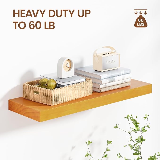 Heimlove Pine Wood Floating Shelves, 8 Inch Deep Real Wood Shelves Set of 2, Wall Mounted Rustic Wood 24x8 Floating Shelf with Invisible Brackets for Bedroom Kitchen Living Room - Honey Oak