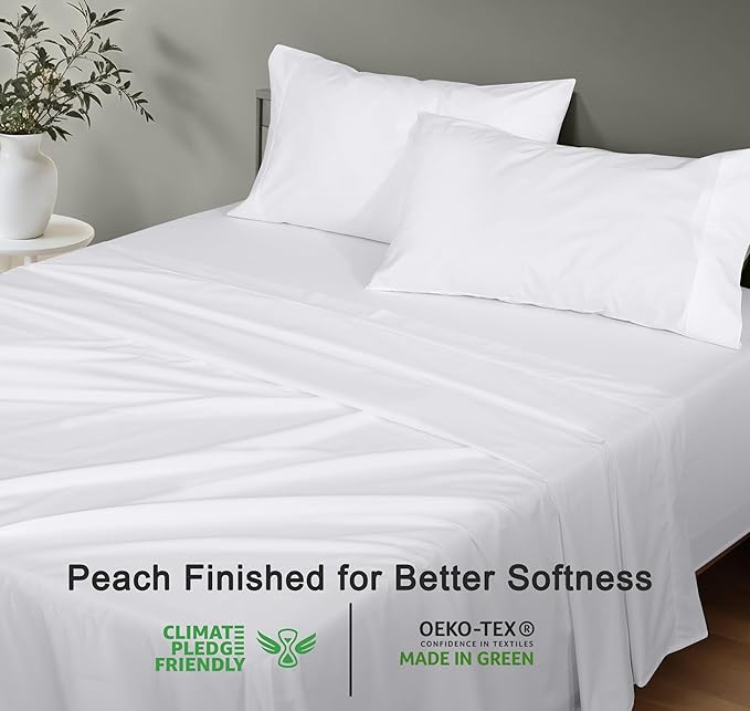RUVANTI 100% Organic Cotton Sheets King Size, Percale Weave, GOTS Certified, 4-Piece Set, Deep Pocket 15", Crisp & Breathable, Soft Durable Bedding, Sábanas Algodón Orgánico – Bright White