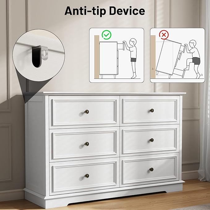 White Dressers for Bedroom, Modern 6 Drawer Dresser with Deep Drawers, Wooden Chest of Drawer and Bedroom Closet Dressers for Living Room, Entryway, Hallway
