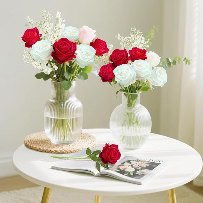 22 Pcs Artificial Roses - Realistic Velvet Flowers with Stems, Bulk Faux Roses for Home Wedding Party Decor (White)