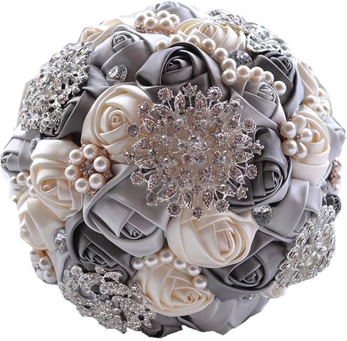 S_SSOY Romantic Wedding Bride Holding Bouquet Roses with Diamond Pearl Ribbon Valentine's Day Bouquet Confession (Gray)