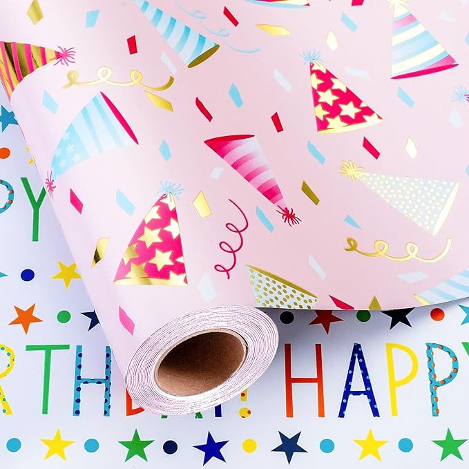 Burymento Birthday Hat Wrapping Paper, Reversible Happy Birthday Design Gift Wrap for Baby Shower, Valentines, Mothers day, Graduation, Wedding, Fathers day, Christmas (17 Inch X 32.8 Feet)