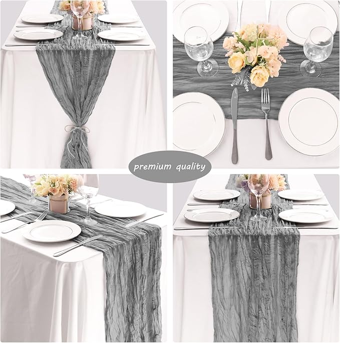 Fivenl 12 Pack Cheesecloth Table Runner 35x72 Inch Boho Gauze Table Runner Rustic Cheese Cloth Long Table Runner Romantic Table Runner for Wedding Bridal Shower Birthday Party Table Decor (Gray)