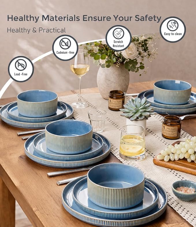 GBHOME 12-Piece Stoneware Dinnerware Set for 4 – Ribbed Ceramic Plates and Bowls, Scratch-Resistant, Microwave & Dishwasher Safe, Reactive Glaze, Alaskan Blue