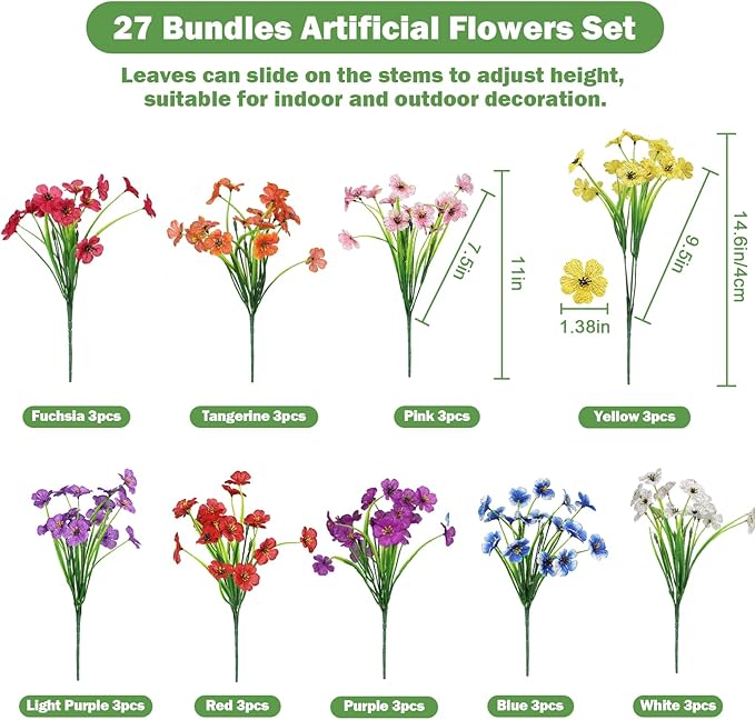 Nepfaivy Artificial Flowers for Outdoors Realistic - 27 Bundles Uv-Resistant Fake Flowers for Outdoor Planters, Fade-Proof Silk Faux Flowers Plants for Outside Garden Porch Window Box Decoration