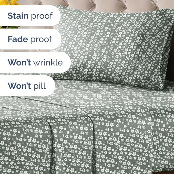 Floral Sheets - Green Floral Bed Sheet Set - 1 Flat, 1 Fitted & 1 Pillowcase w/ Deep Pockets - Comfy, Wrinkle & Fade Free - Boho Botanical Bedding - Ultra-Soft, Breathable & Cooling - Twin XL Size Set