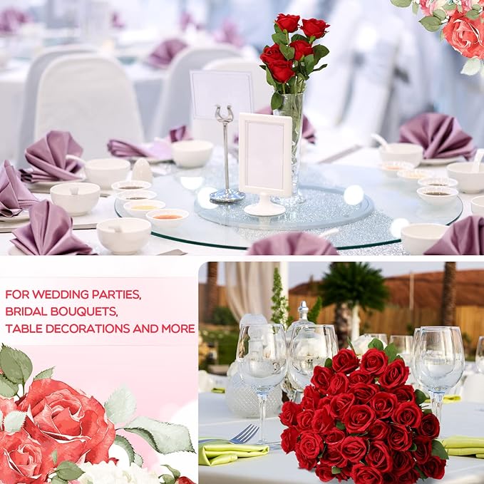 Jexine 50 Pcs Artificial Rose Flower Bulk Realistic Silk Fake Roses with Long Stem Plastic Artificial Flower Bouquet Real Looking for Home Wedding Centerpieces Party Decoration(Red)