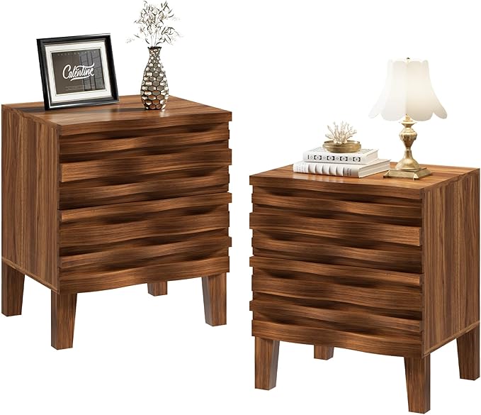 UEV Solid Wood Nightstand Set of 2, 19.7" W Boho Nightstand with 2 Drawers, Fluted Wood Night Stand, Mid Century Modern Bed Side Table for Bedroom,Living Room, Natural Wood