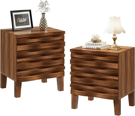 UEV Solid Wood Nightstand Set of 2, 19.7" W Boho Nightstand with 2 Drawers, Fluted Wood Night Stand, Mid Century Modern Bed Side Table for Bedroom,Living Room, Natural Wood