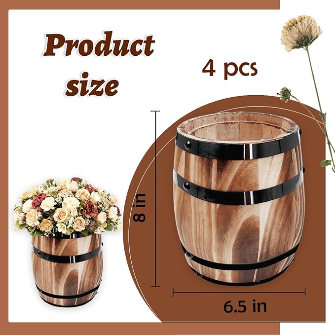 Sunmuliiiy4Pcs Wood Wine Barrel Vase 8" x 6.5" Rustic Wooden Flower Vase Rustic Barrel Barrel Planter for Wedding Reception Table Decoration Home Indoor Outdoor Garden, Kitchen, Party Table Decoration