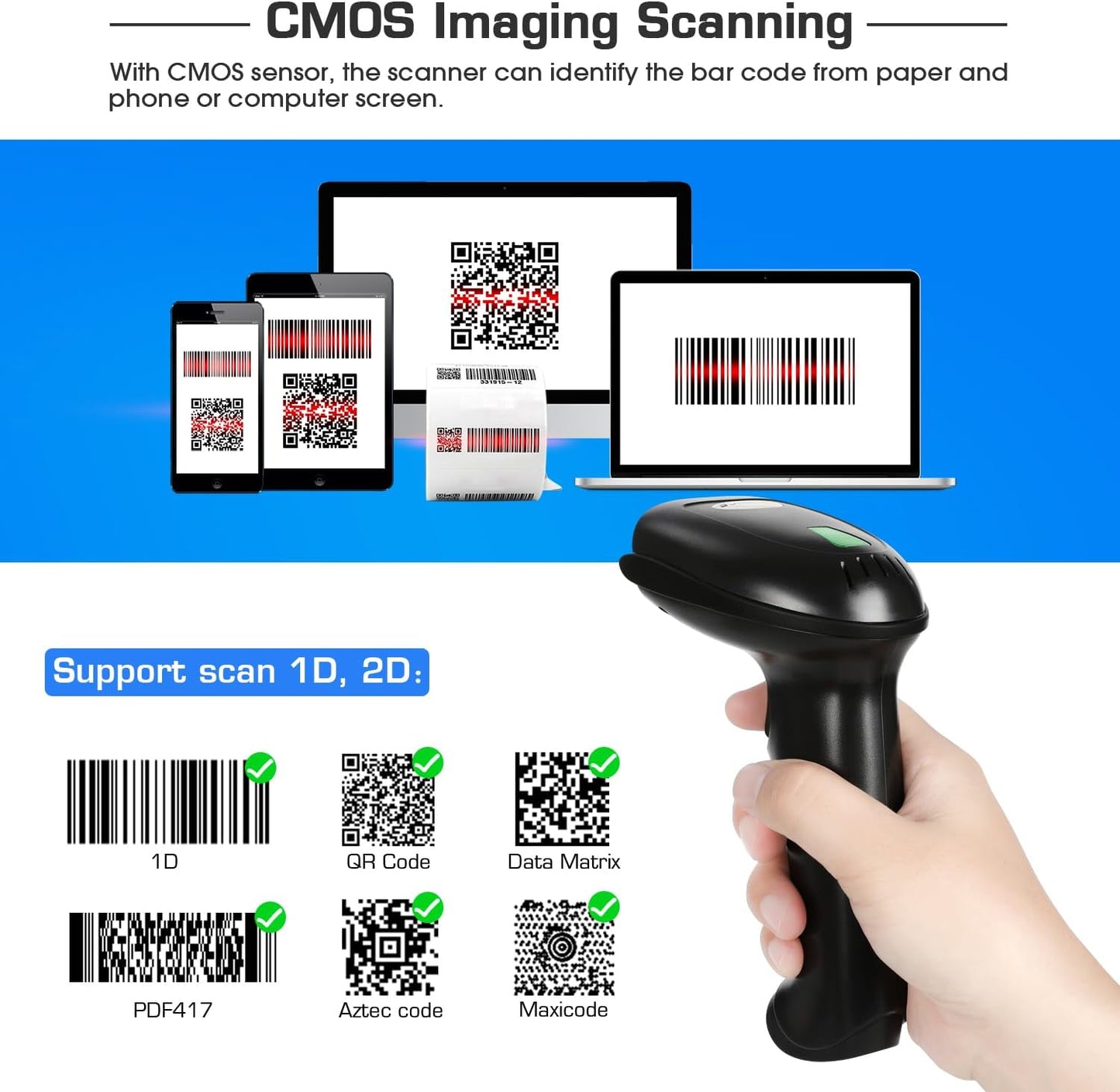 WoneNice Wireless Barcode Scanner - 1D & 2D QR Code Reader with Stand | USB Receiver, Black
