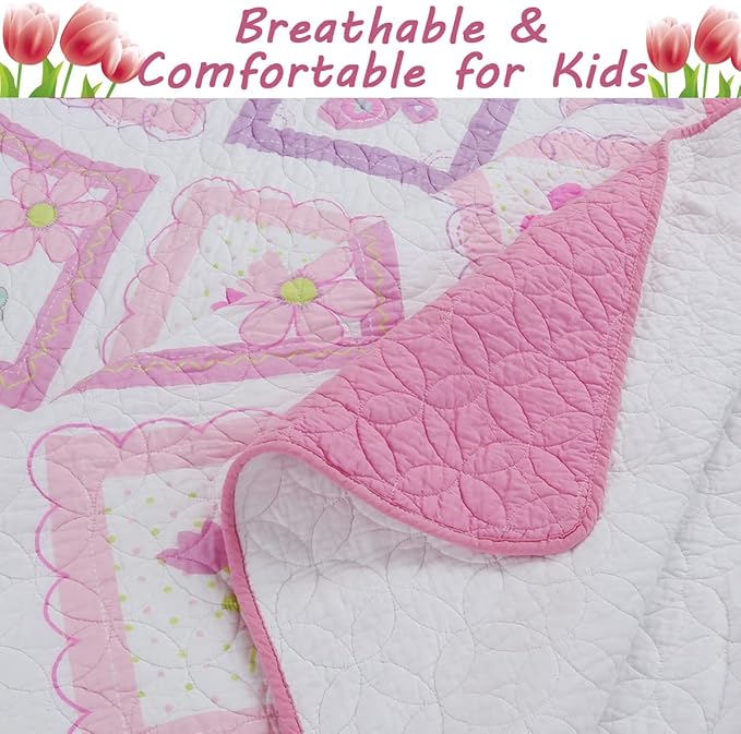 Cozy Line Home Fashions Pink Butterfly Tulip Floral Print Girl 100% Cotton Reversible Quilt Bedding Set, Coverlet, Bedspread (Twin - 4 Piece)