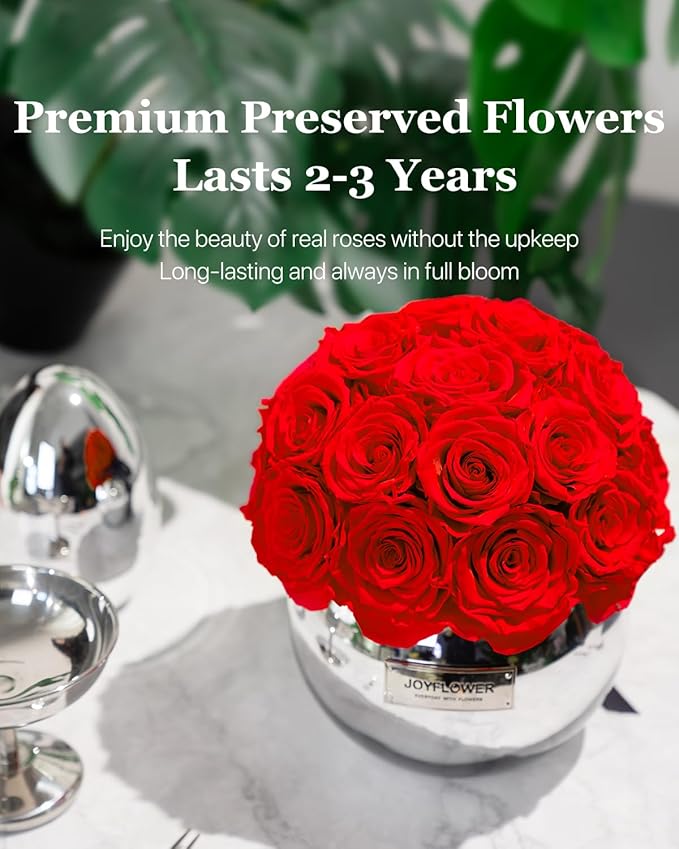 JoyFlower Preserved Flowers for Home Decor, Eternal Flower Real Roses with Glass Vase for Wedding House Bedroom Dining Living Room Office Table Centerpiece Decoration, Housewarming Party Gifts(Red)