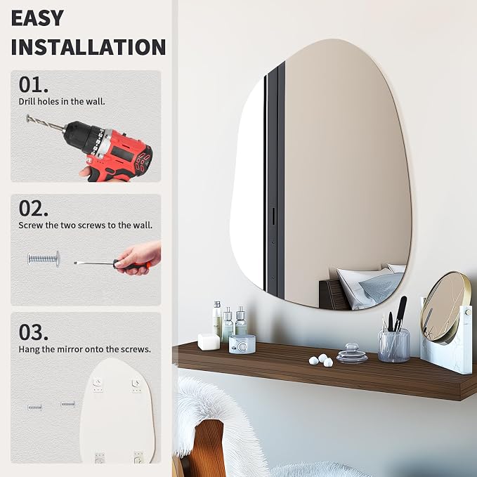 Niccy Irregular Mirror, 24"x32" Asymmetrical Bathroom Mirror, Decorative Modern Mirrors for Bathroom, Bedroom, Living Room, Entryway, Frameless Vanity Mirror, Unique Wall Mounted