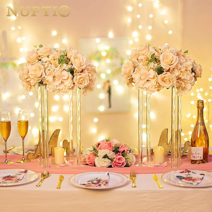 NUPTIO Flower Ball Arrangement Bouquet - 2 Pcs 14.2 inch Diameter Champagne Fake Flowers Roses Balls for Centerpieces Tables - Artificial Rose Arrangements for Wedding Centerpiece Table Decorations