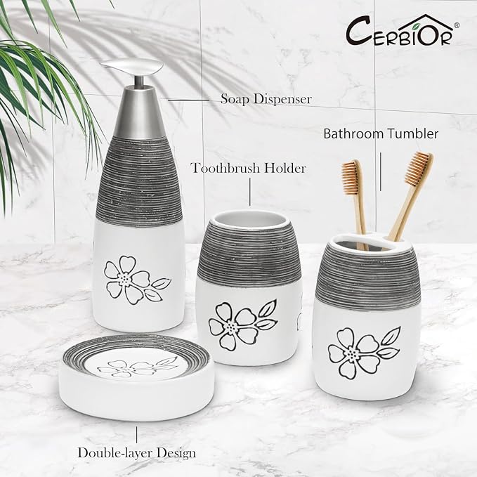 CERBIOR Bathroom Accessories Set,4 Pcs Ceramic Bathroom Decor Accessory,Includes Toothbrush Holder, Toothbrush Cup, Soap Dish for Decorative Countertop and Housewarming Gift, (White Flower)