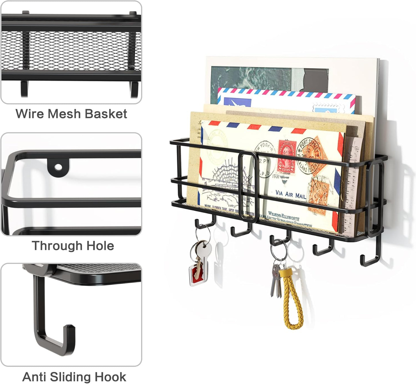 SRIWATANA Wall-Mounted Mail Organizer - Key Holder with Hooks for Easy Access and Storage