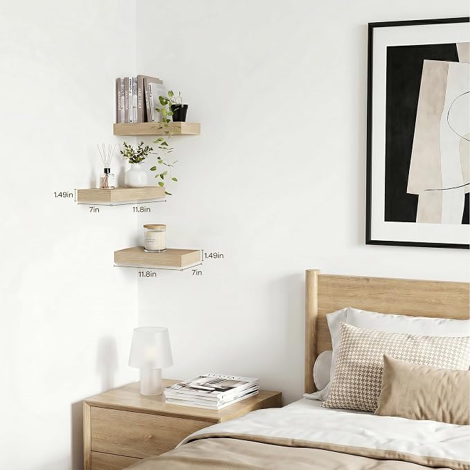 Oak Floating Shelves for Wall Set of 3, 11.8 Inch Small Wood Wall Shelves for Bathroom Over Toilet, Kitchen & Bedroom Storage, Wall Mounted Shelves for Spice Jars, Plants & Decor