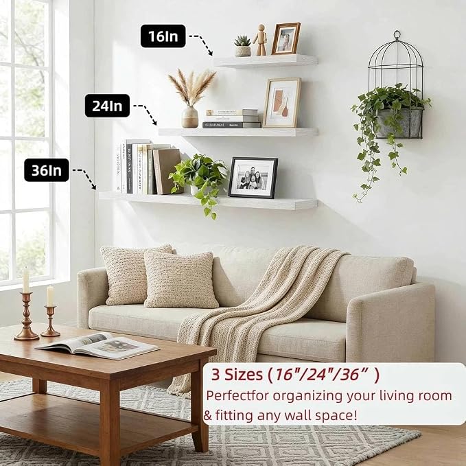 SAUMONIERES Floating Shelves Wall Shelf Solid Wood for Bathroom Bedroom Kitchen Set of 3, White Wall Shelves