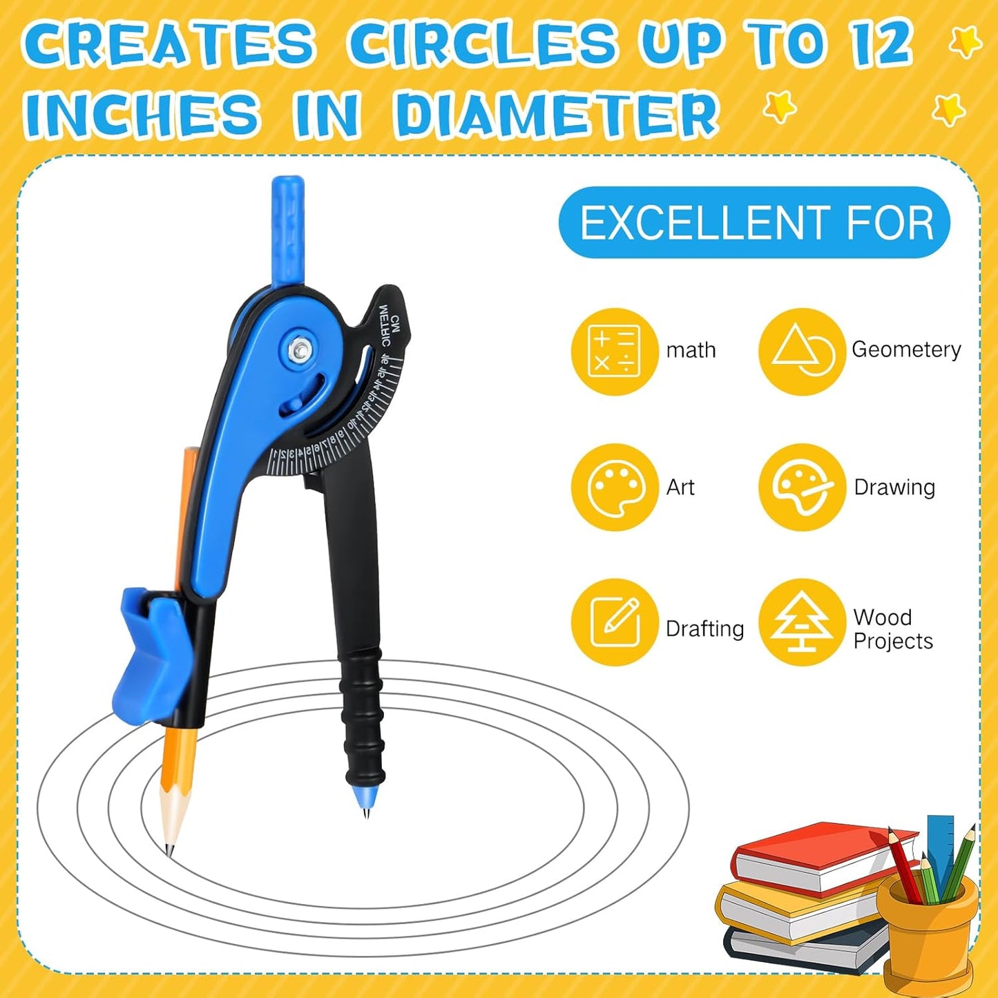 Zonon Geometry Compass Set - 6 Inch Plastic Drawing Tool with Pencils | Bright Colors for School (12 Pcs)