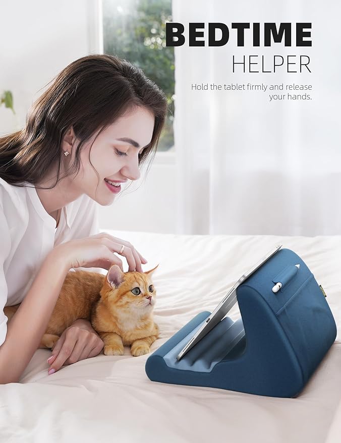 Lamicall Tablet Stand, Pillow Holder for Bed - Soft Pad Lap Mount With Stylus Mount & Pocket for iPad Pro 12.9, Air, Mini, Kindle, Galaxy Tab and 4-13" Tablets, Royal Blue