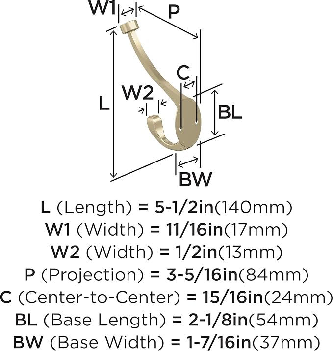 Amerock H55465BBZ | Adare Double Prong Decorative Wall Hook | Golden Champagne Hook for Coats, Hats, Backpacks, Bags | Hooks for Bathroom, Bedroom, Closet, Entryway, Laundry Room, Office