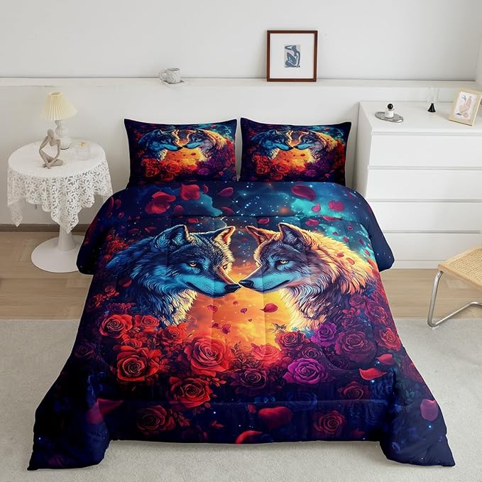 Wolf Comforter Set King Size,Wild Animal Print Couple Theme Reversible Bedding Set All Season Quilt Set,Romantic Red Rose Flowers Watercolor Galaxy Microfiber Polyester Down Comforter