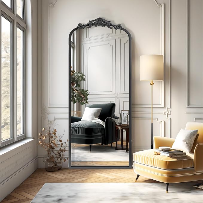 Vintage Black Antique Arched Full Length Floor Mirror 22"X65",Traditional Elegant Baroque Floor Body Mirror with Ornate Matel Frame,French Wall Mirror for Dressing/Living Room/Hallway