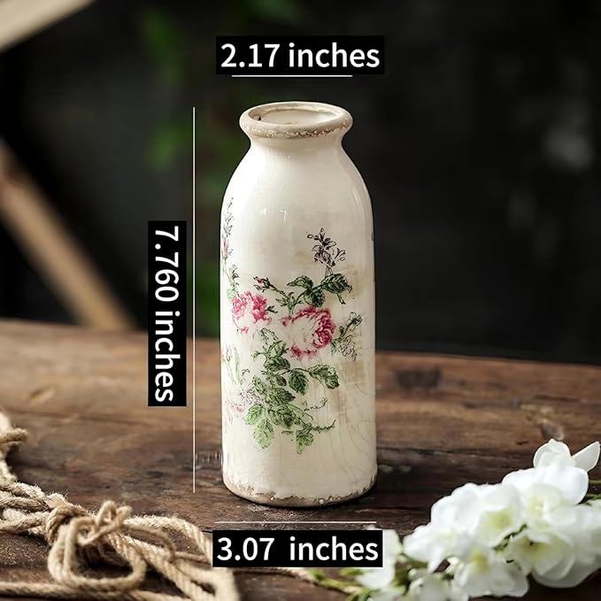 Vintage Rose-Floral Small Ceramic Vase Set, Retro Rustic Farmhouse Cute Flora Vase Gift, Art Décor for Your Home, Kitchen, Bedroom, Office, Living Room, Bathroom & Shelf Centerpiece Table Decorations