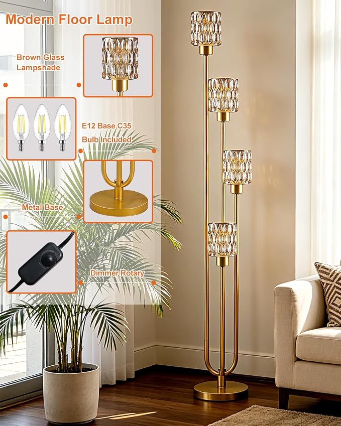 Lightdot 4-Lights Glass Floor Lamp Dimmable Gold Floor Lamps with Amber Rippled Glass Shade& Bulbs Included Unique Modern Standing Tall Lamp with 5Lbs Heavy Base for Living Room/Bedroom/Sofa Beside