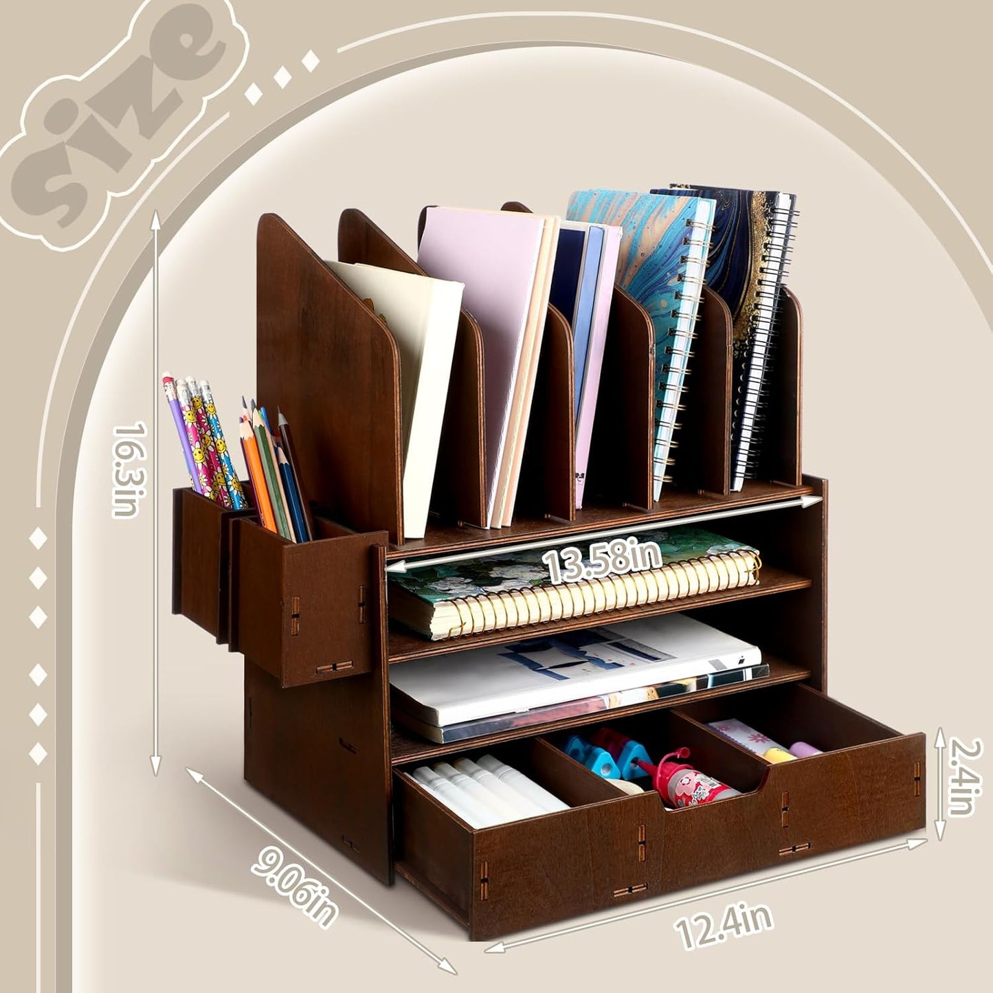 Wonderjune 4-Tier Wooden Desk File Organizer - Multifunctional Office Accessories with 5 Vertical Holders & Drawer