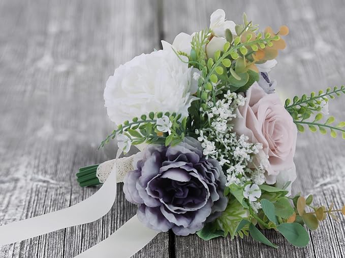 Wedding Bouquets for Bride, Purple & Ivory & Pink Bridal Bridesmaid Wedding Flowers, Artificial Toss Rose for Civil Ceremony, Multicolor, Home Decor
